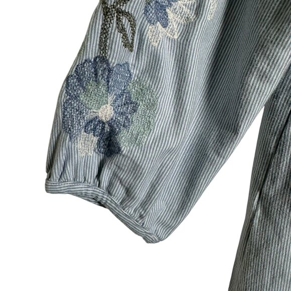 J. Jill Blue Striped Floral Embroidered Top Sz Small Cotton Coastal 3/4 Sleeve - Picture 7 of 11